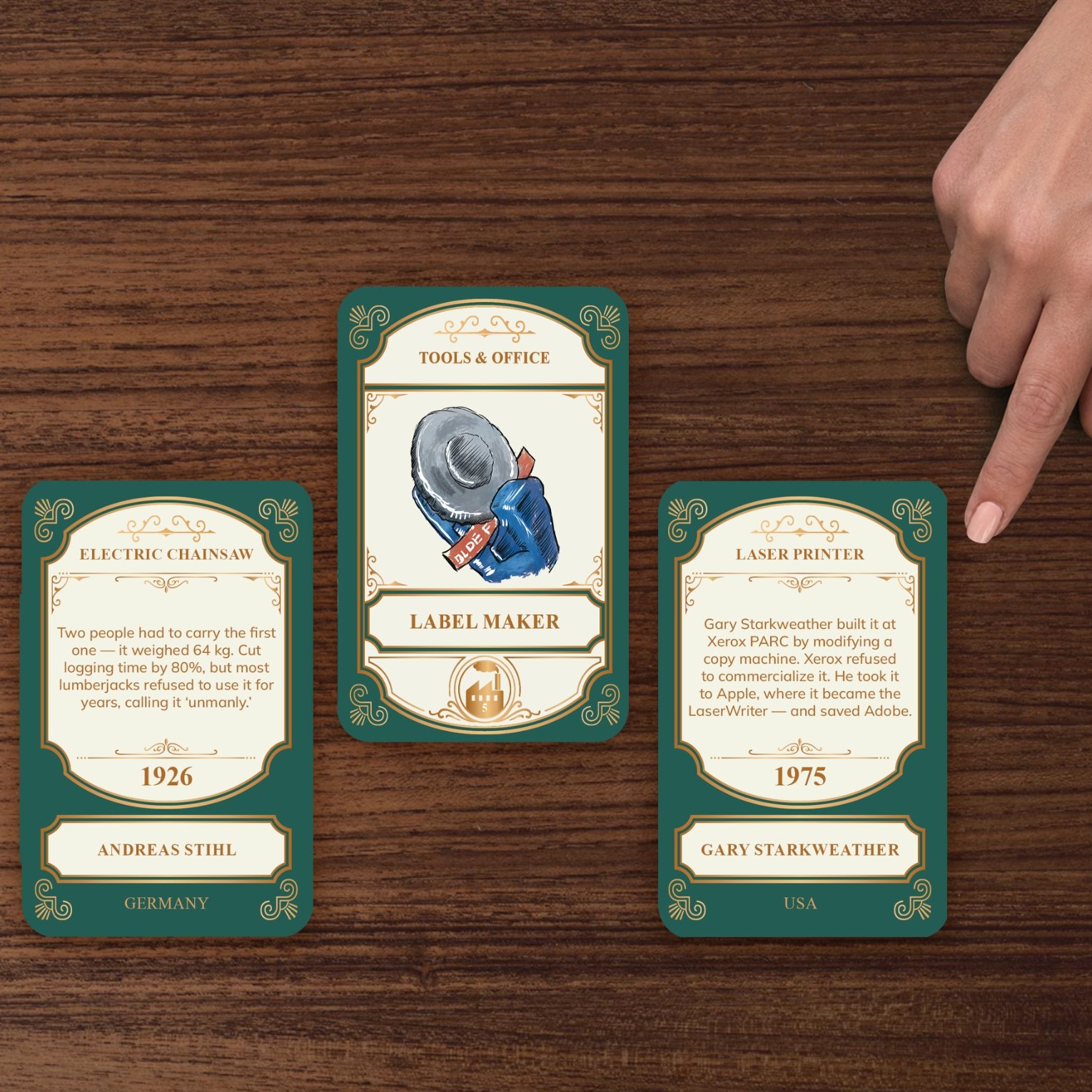 Three cards in a row, the middle one still hiding its year, a second hand pointing at it