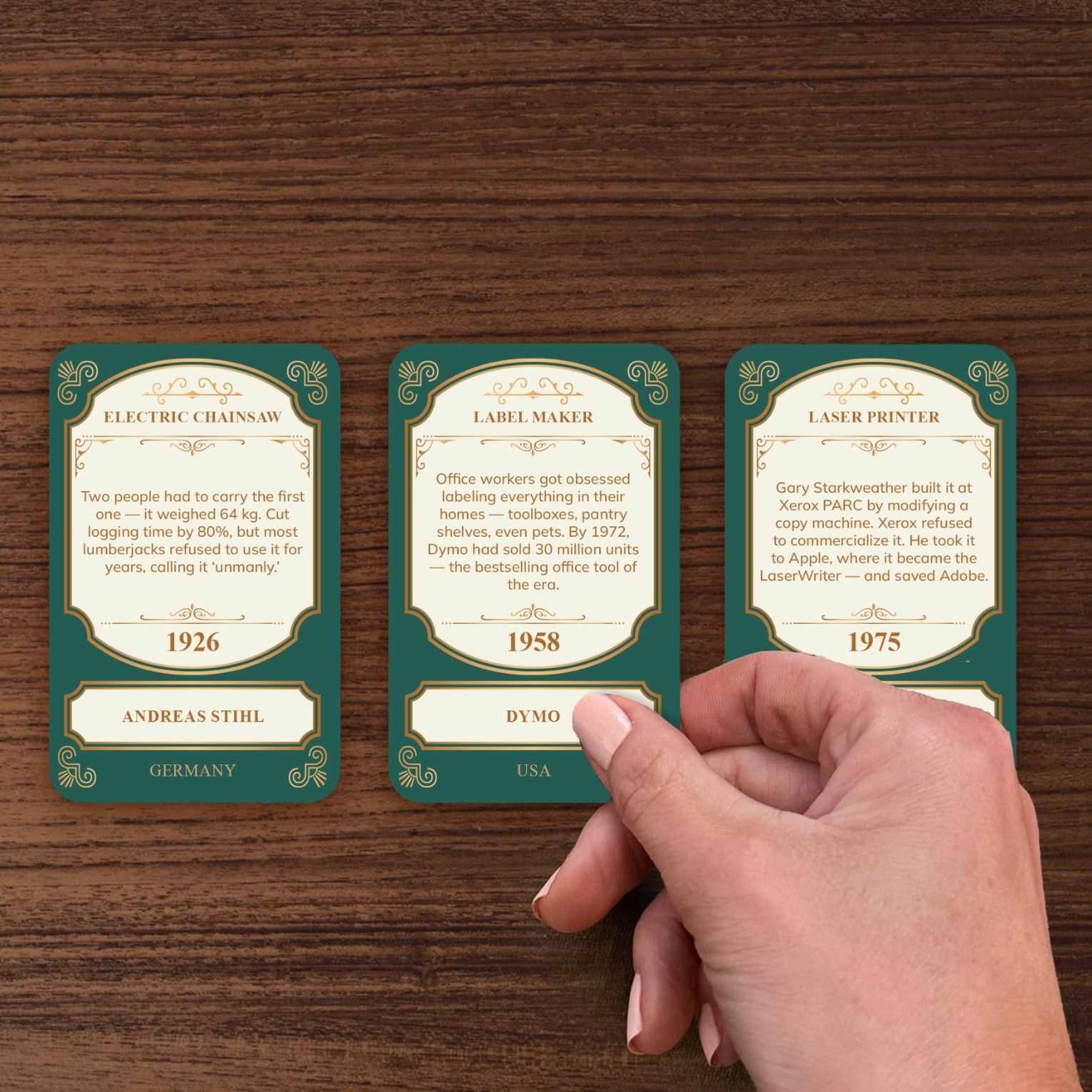 All three cards turned over, showing the years 1926, 1958 and 1975